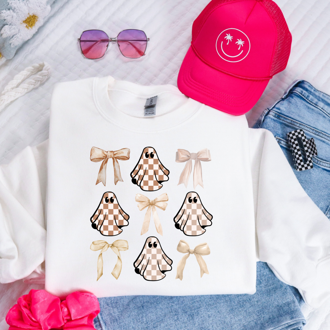 Tan Checkered Ghost Coquette Youth Crewneck