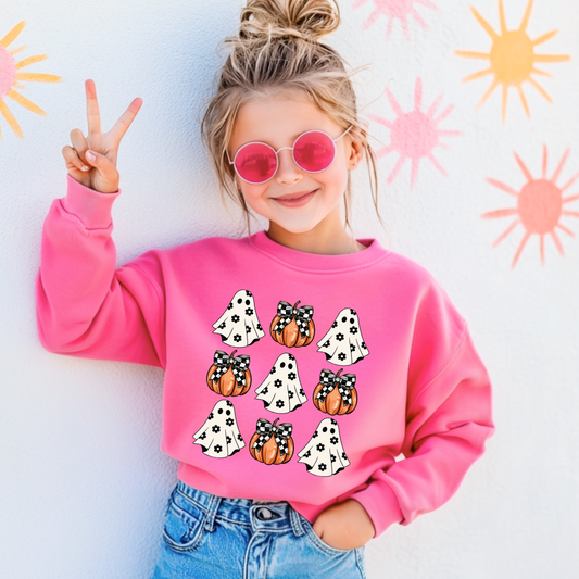 Flower Ghost With Pumpkin Coquette Youth Crewneck