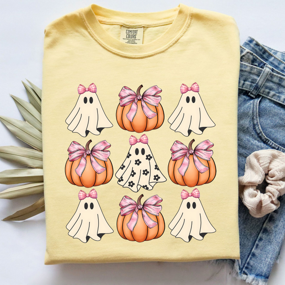 Flower Ghost With Pink Bows & Pumpkins Graphic Tee & Crewneck