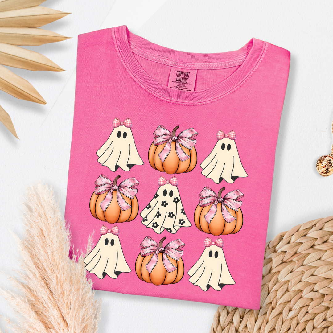 Flower Ghost With Pink Bows & Pumpkins Graphic Tee & Crewneck