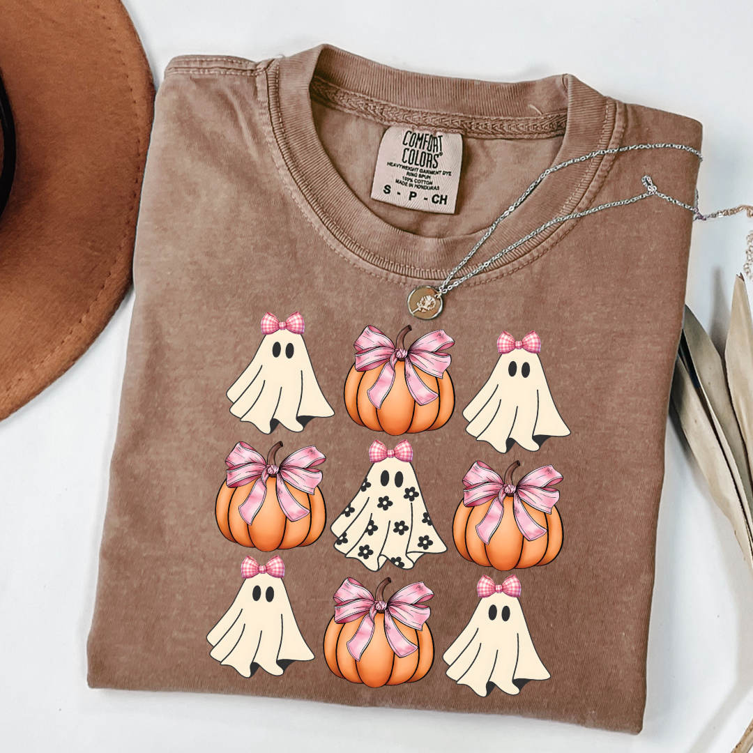 Flower Ghost With Pink Bows & Pumpkins Graphic Tee & Crewneck
