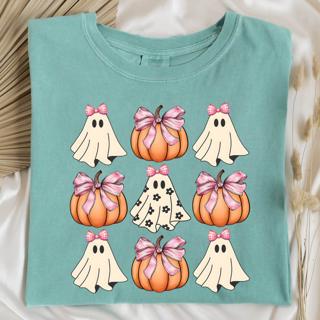Flower Ghost With Pink Bows & Pumpkins Graphic Tee & Crewneck