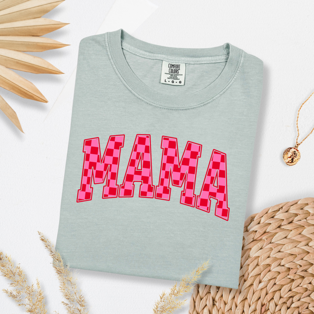 Mama Pink & Red Checkered Graphic Tee