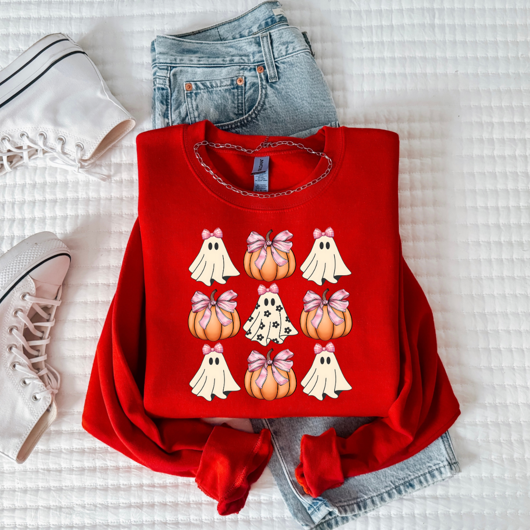 Flower Ghost With Pink Bows & Pumpkins Youth Graphic Tee & Crewneck