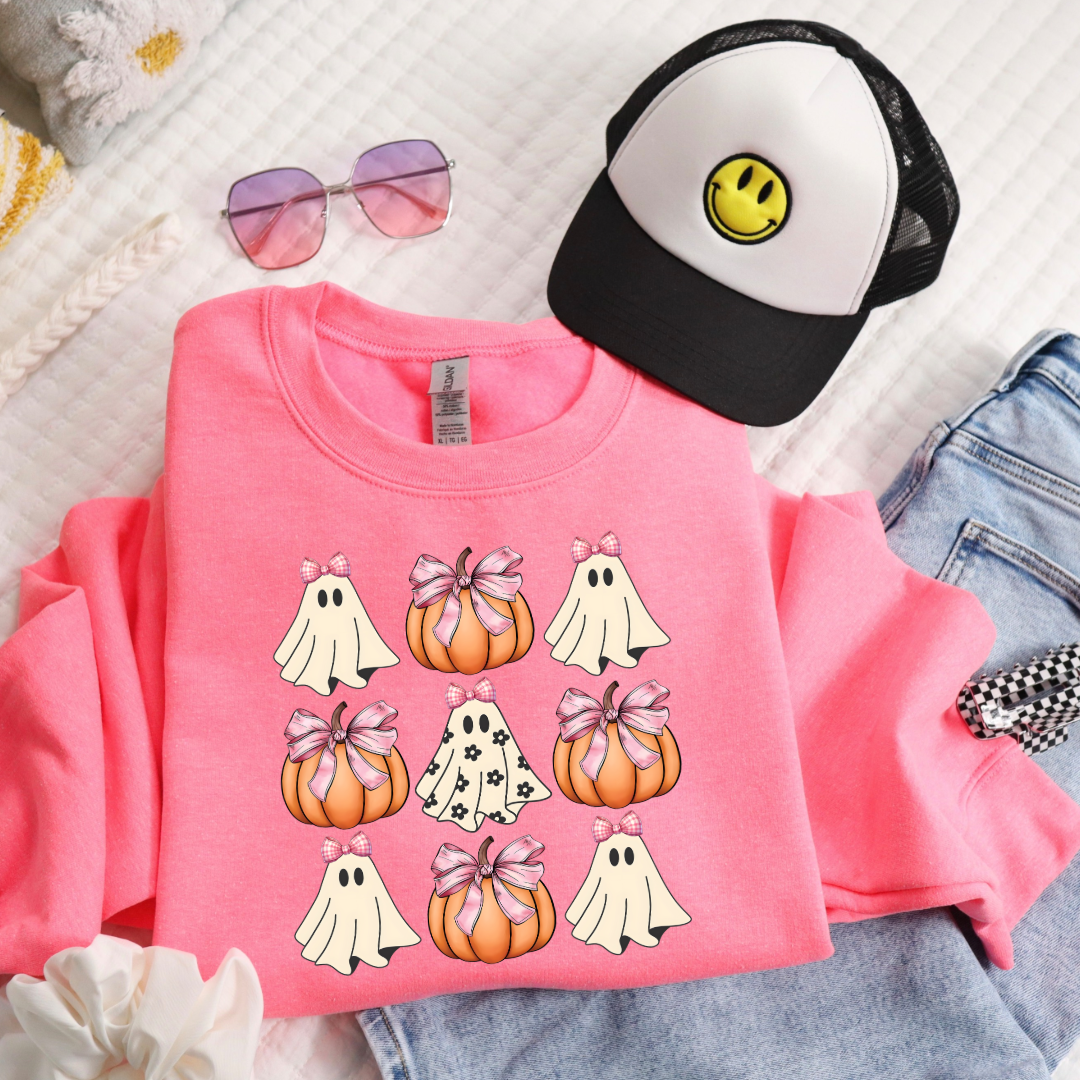 Flower Ghost With Pink Bows & Pumpkins Youth Graphic Tee & Crewneck