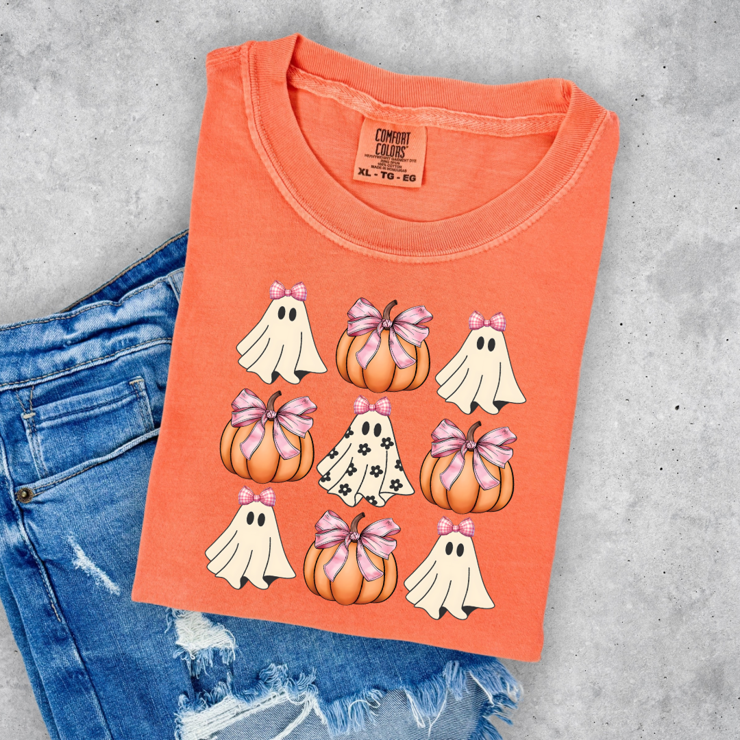 Flower Ghost With Pink Bows & Pumpkins Graphic Tee & Crewneck