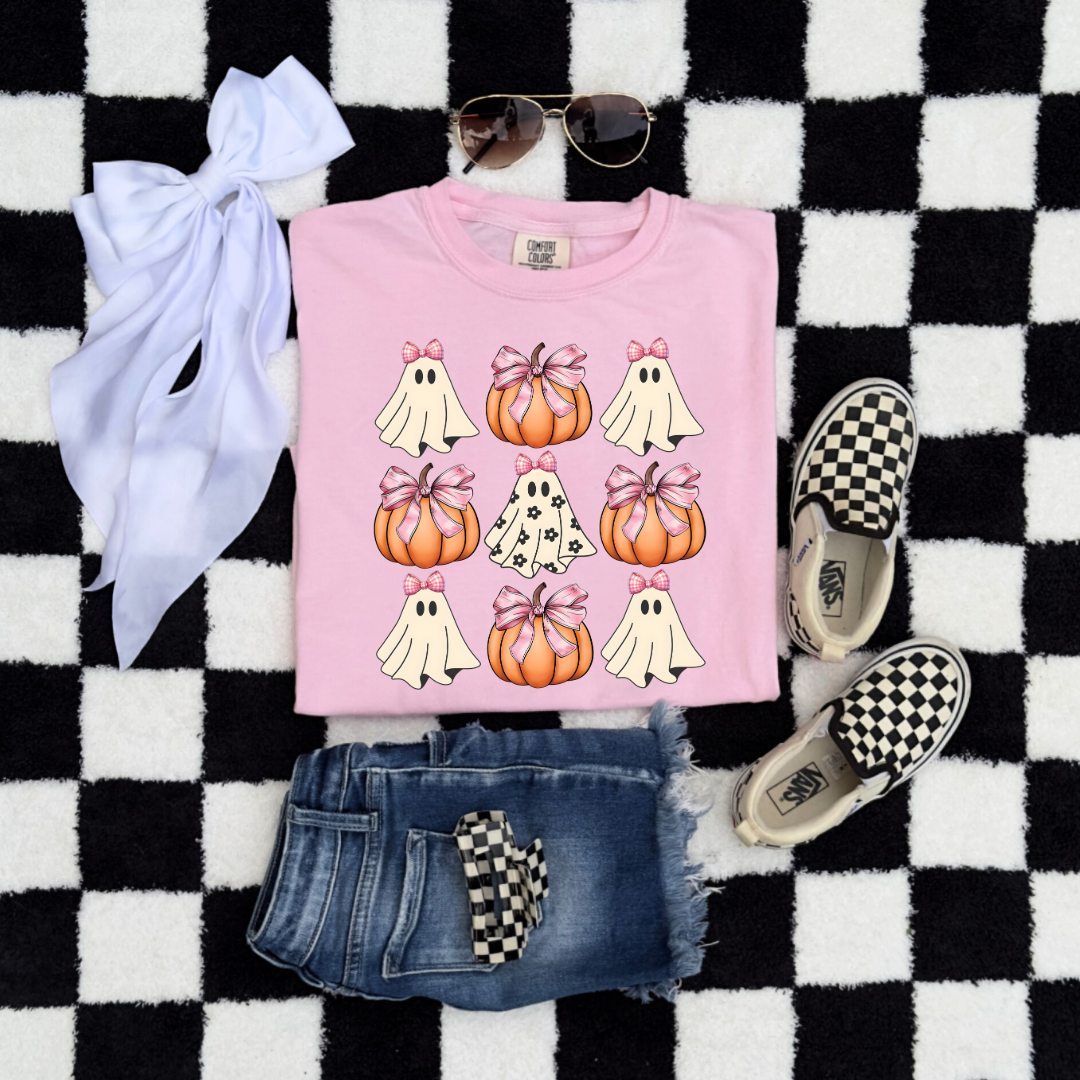 Flower Ghost With Pink Bows & Pumpkins Youth Graphic Tee & Crewneck
