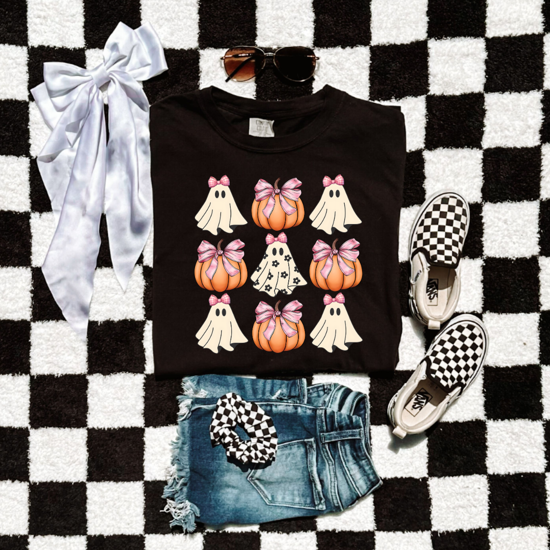 Flower Ghost With Pink Bows & Pumpkins Youth Graphic Tee & Crewneck