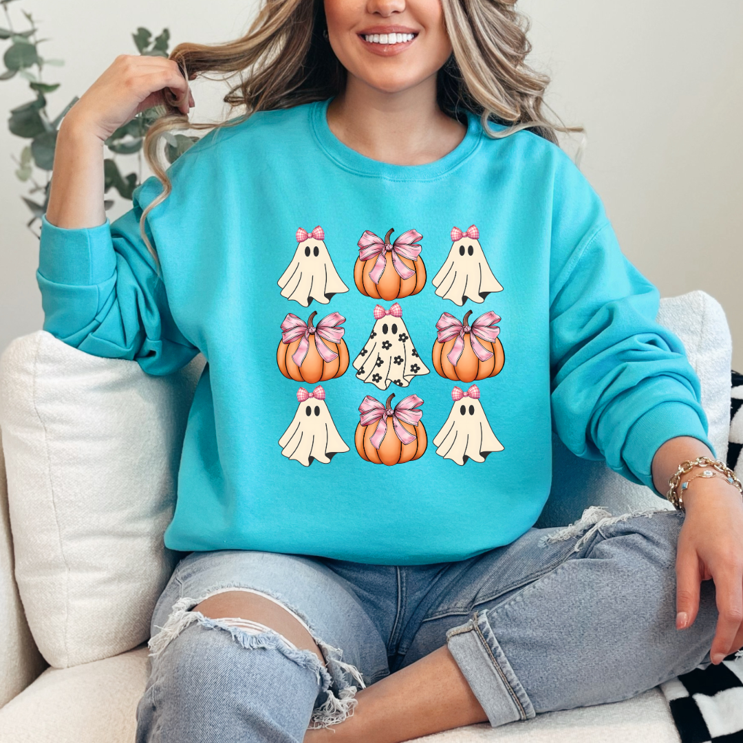 Flower Ghost With Pink Bows & Pumpkins Graphic Tee & Crewneck