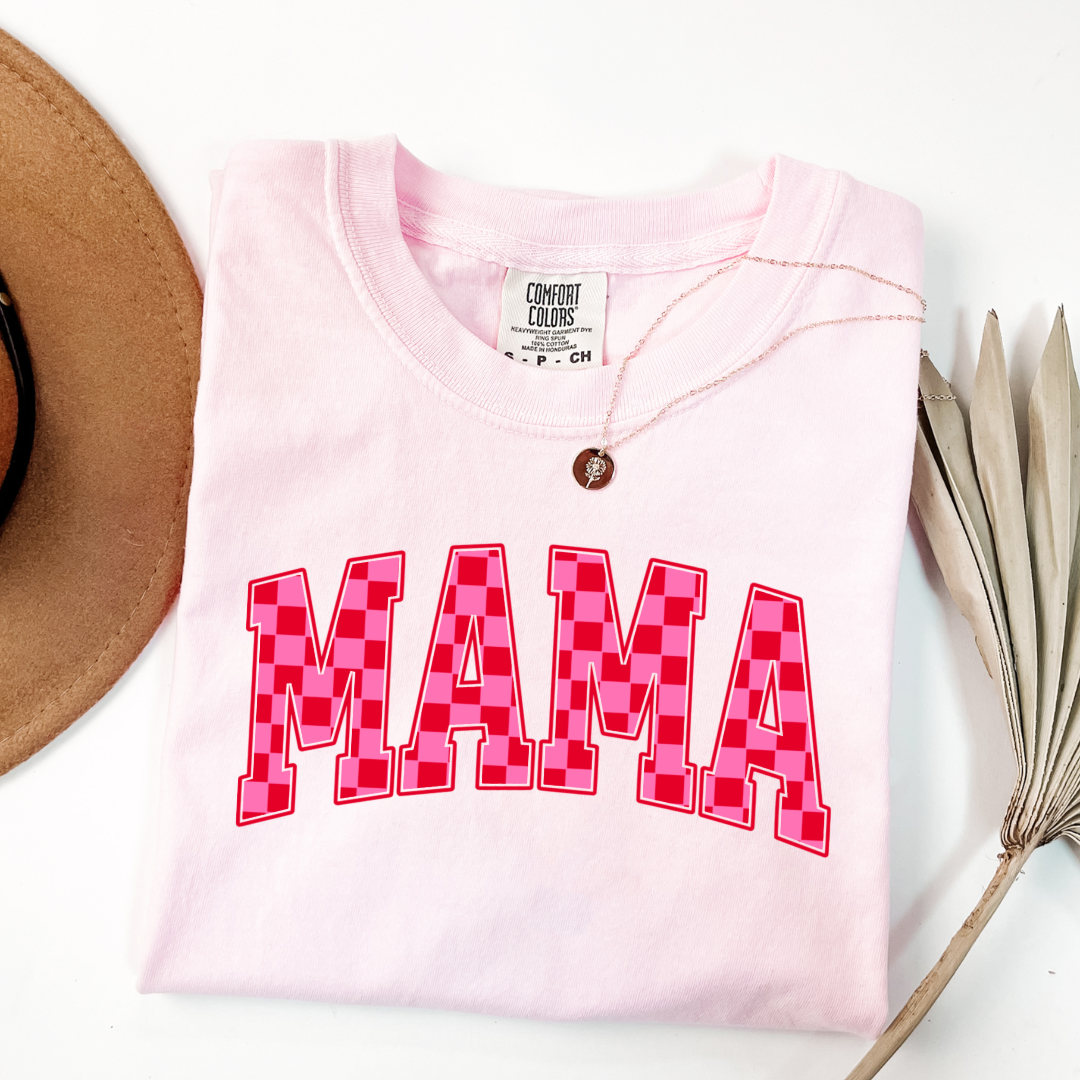 Mama Pink & Red Checkered Graphic Tee