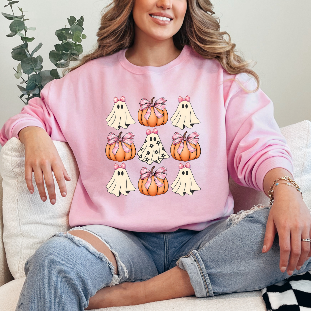 Flower Ghost With Pink Bows & Pumpkins Graphic Tee & Crewneck