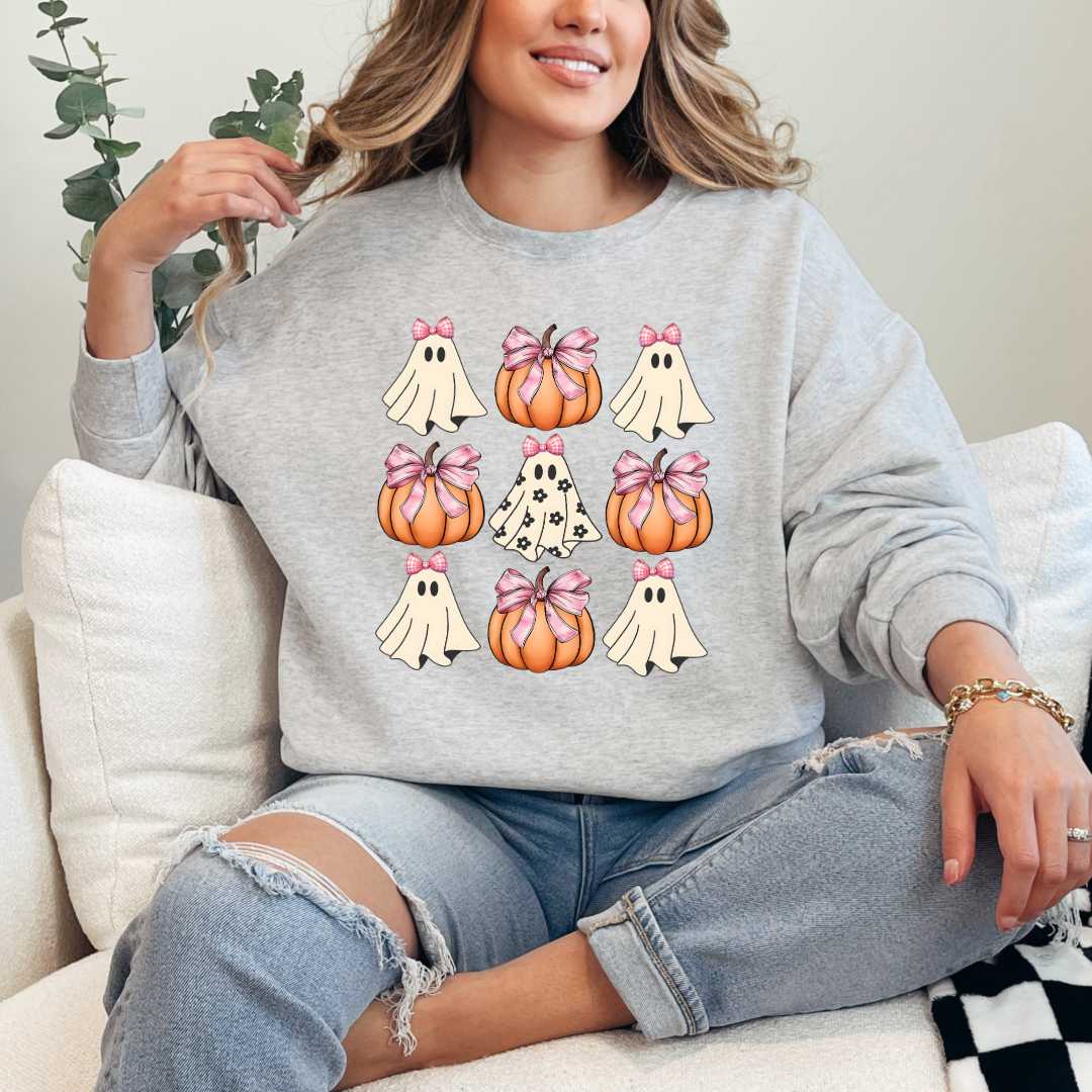 Flower Ghost With Pink Bows & Pumpkins Graphic Tee & Crewneck