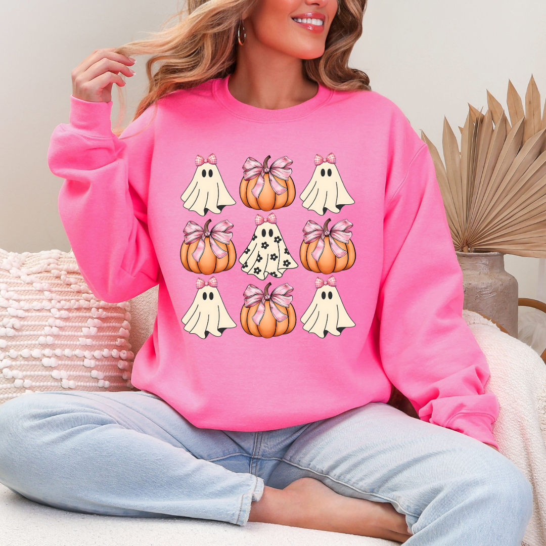Flower Ghost With Pink Bows & Pumpkins Graphic Tee & Crewneck
