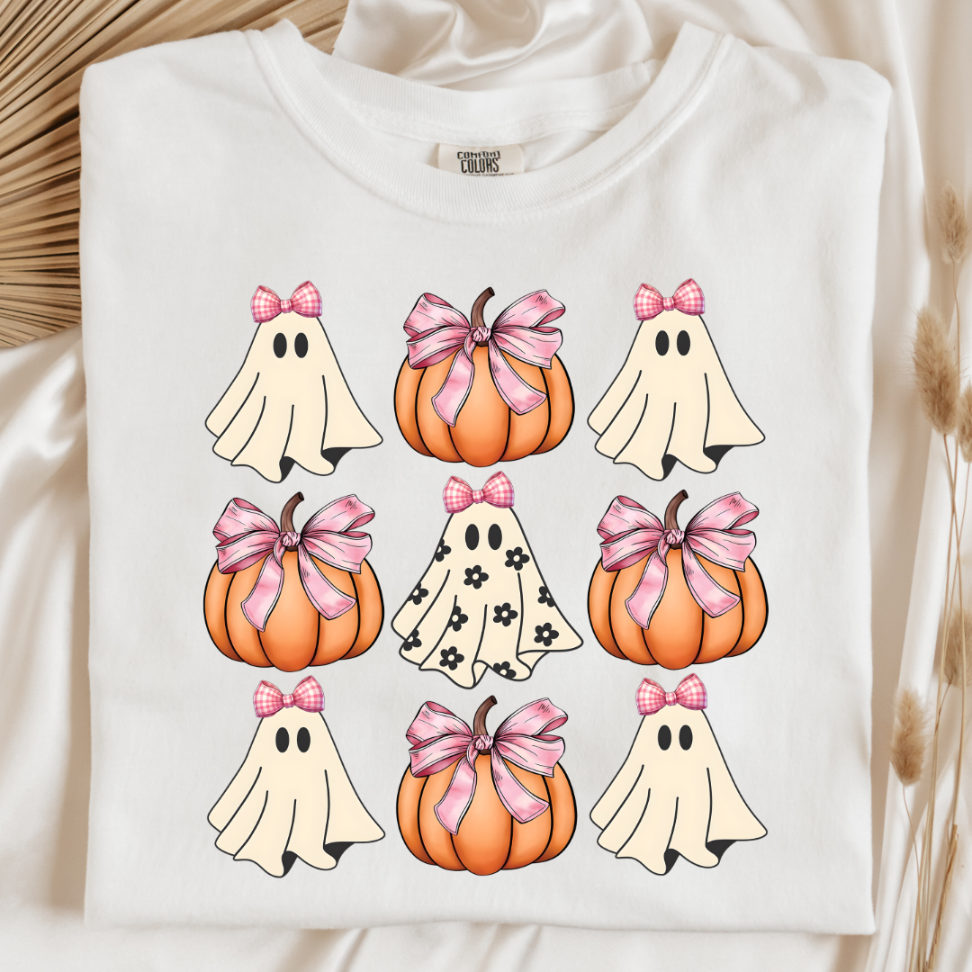 Flower Ghost With Pink Bows & Pumpkins Graphic Tee & Crewneck