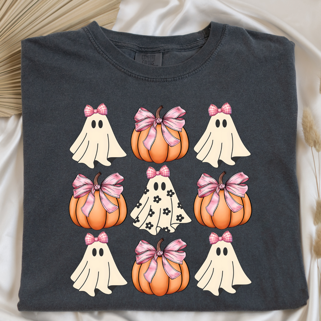 Flower Ghost With Pink Bows & Pumpkins Graphic Tee & Crewneck