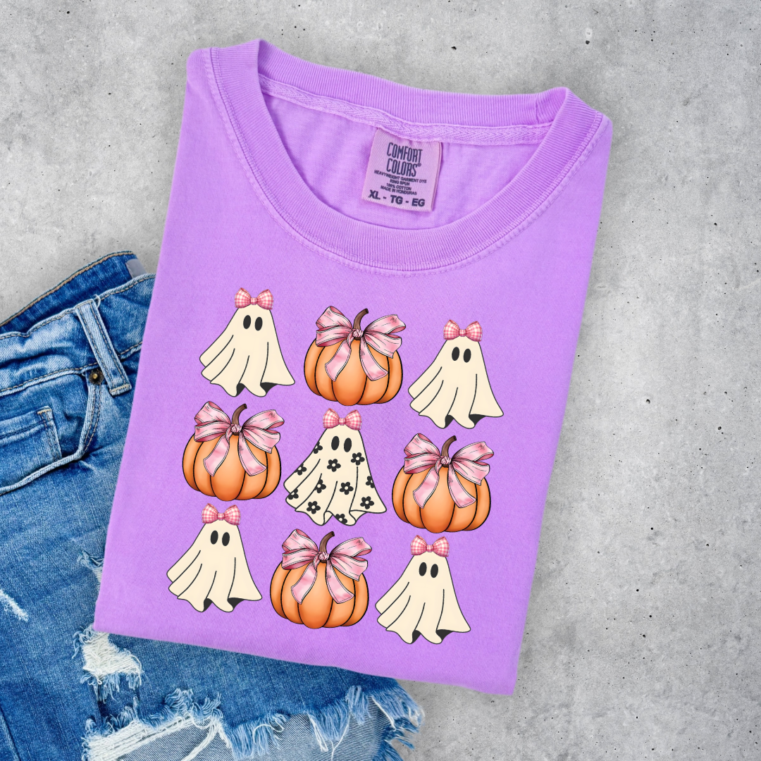 Flower Ghost With Pink Bows & Pumpkins Graphic Tee & Crewneck