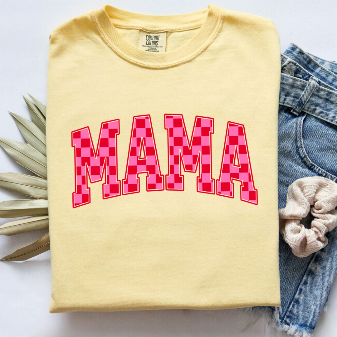 Mama Pink & Red Checkered Graphic Tee