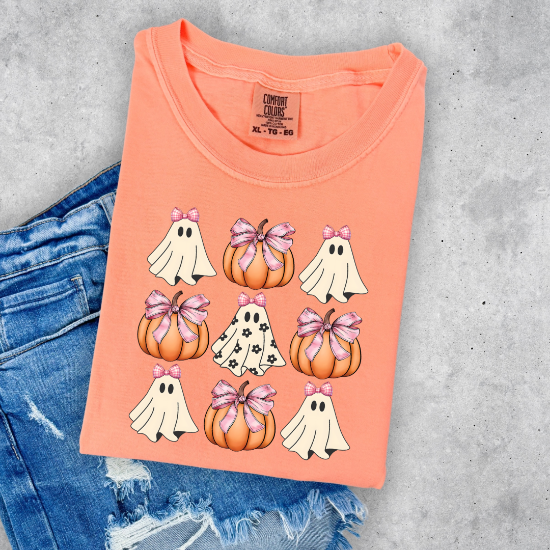 Flower Ghost With Pink Bows & Pumpkins Graphic Tee & Crewneck