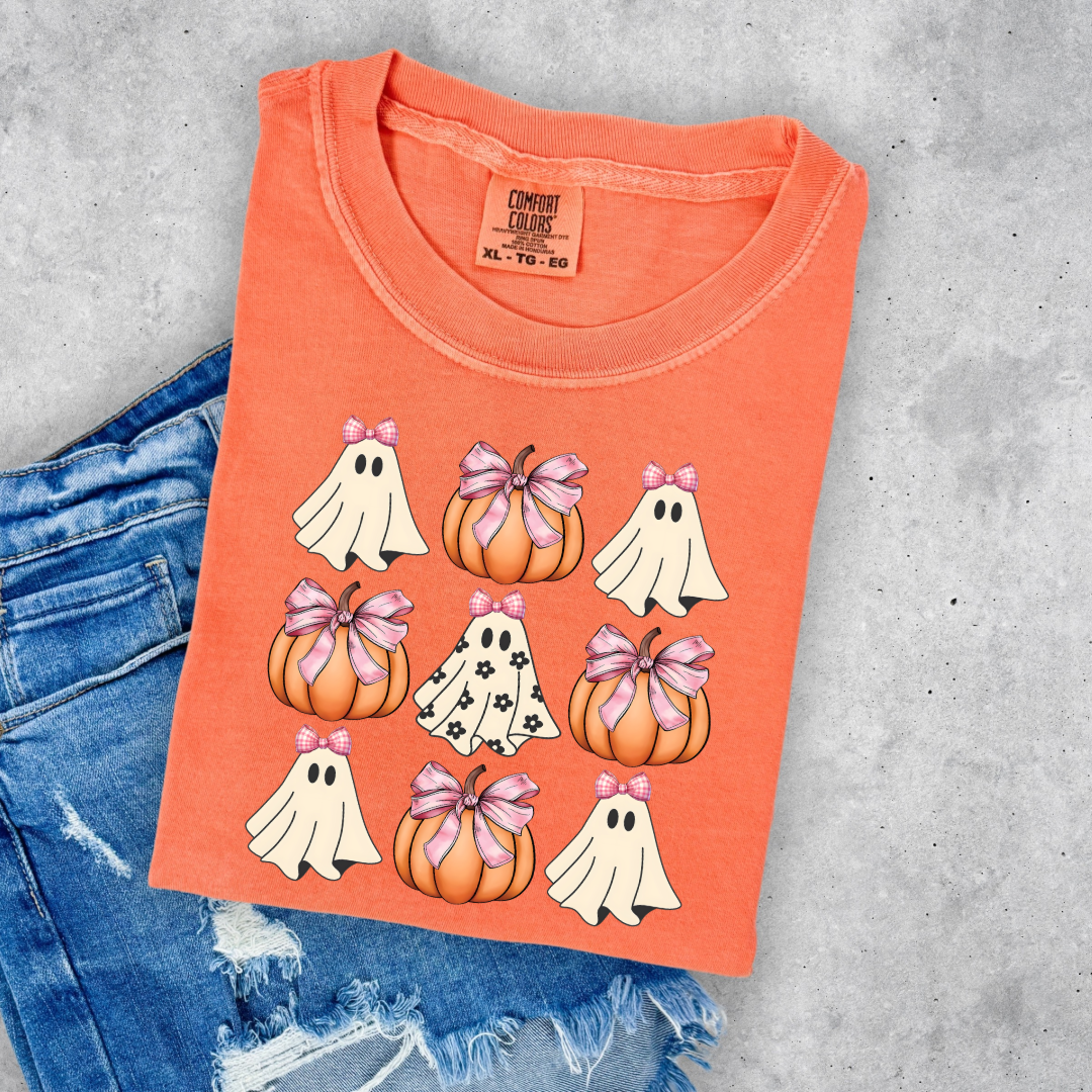 Flower Ghost With Pink Bows & Pumpkins Graphic Tee & Crewneck