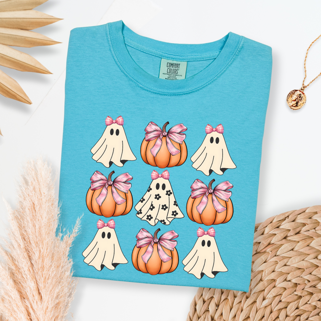 Flower Ghost With Pink Bows & Pumpkins Graphic Tee & Crewneck