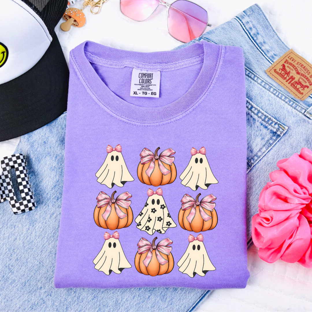 Flower Ghost With Pink Bows & Pumpkins Youth Graphic Tee & Crewneck