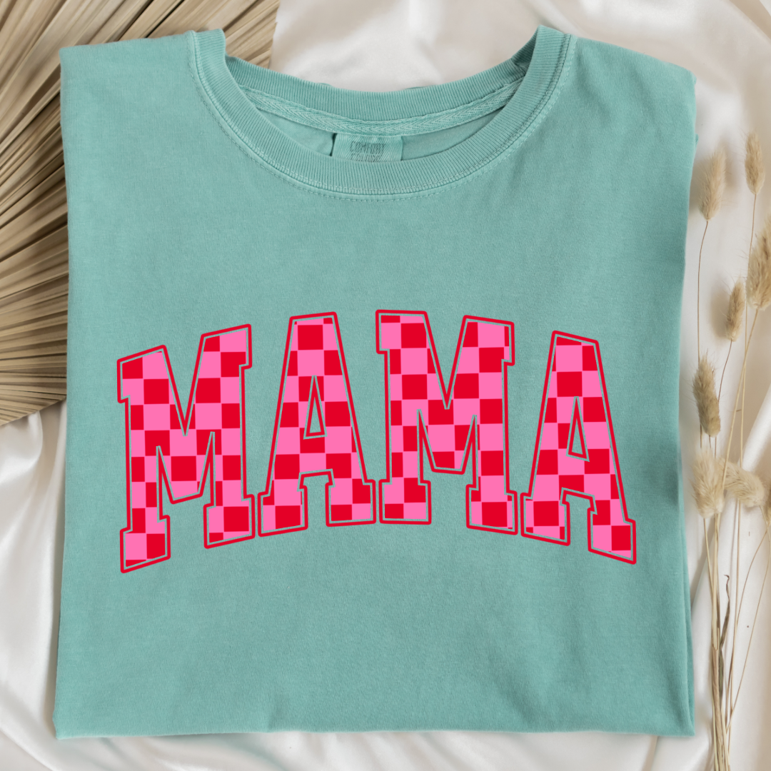 Mama Pink & Red Checkered Graphic Tee