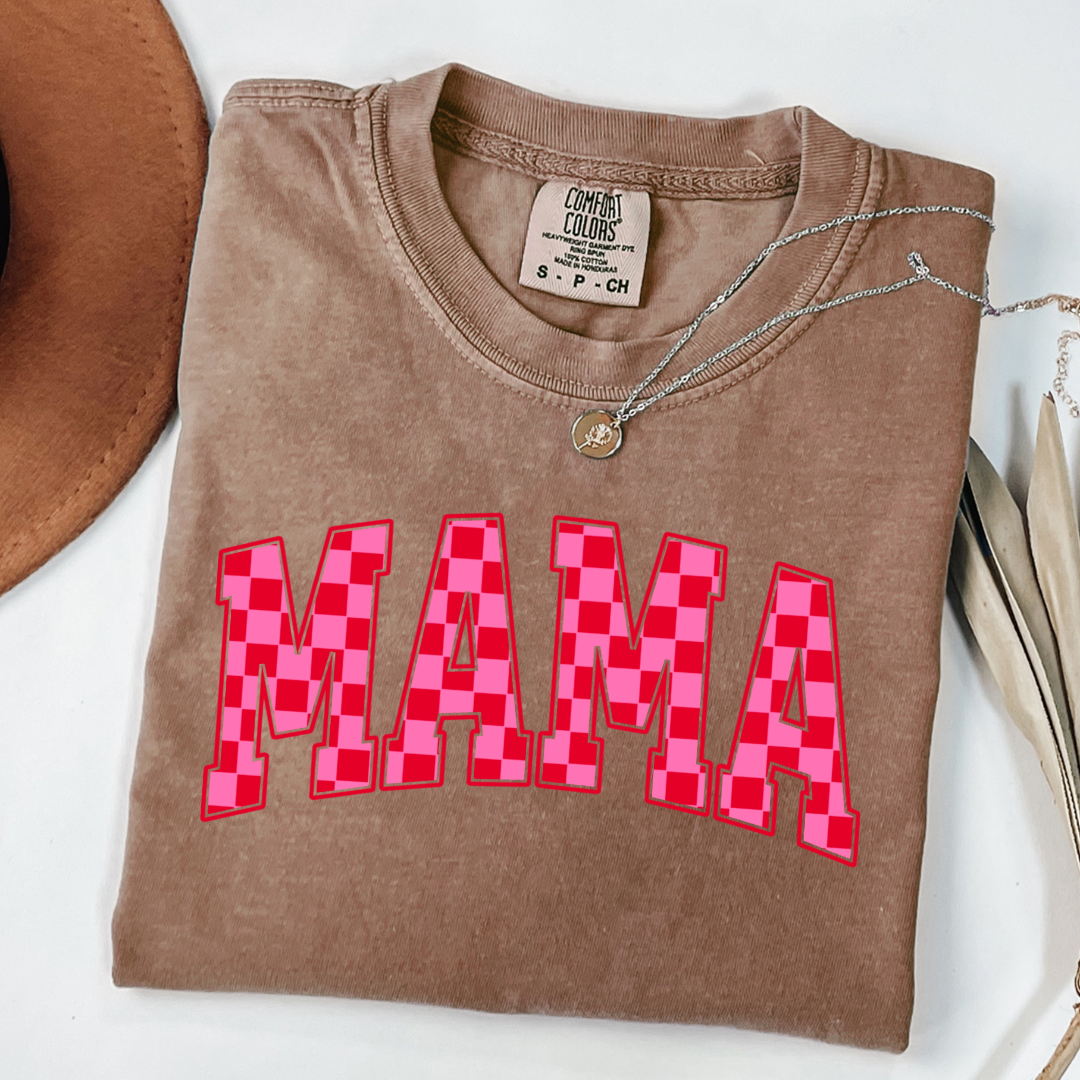 Mama Pink & Red Checkered Graphic Tee