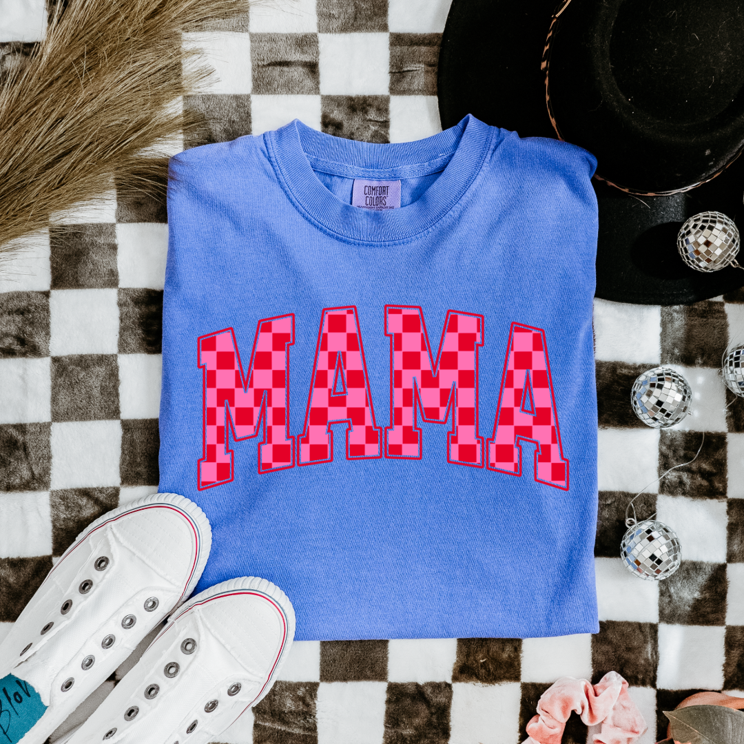 Mama Pink & Red Checkered Graphic Tee