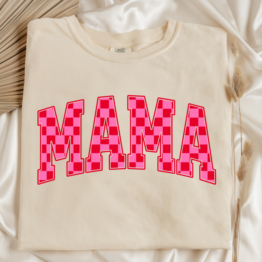 Mama Pink & Red Checkered Graphic Tee