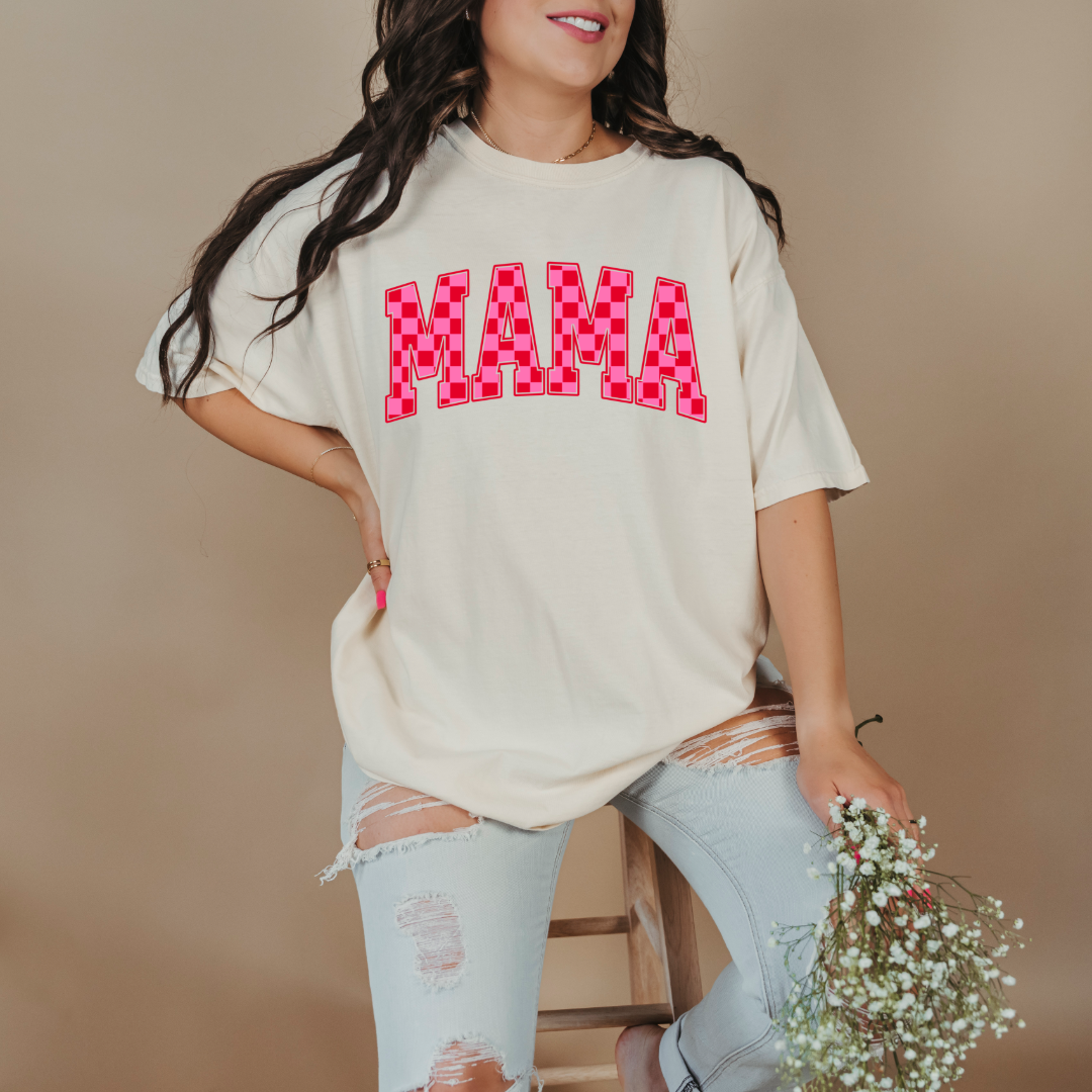 Mama Pink & Red Checkered Graphic Tee