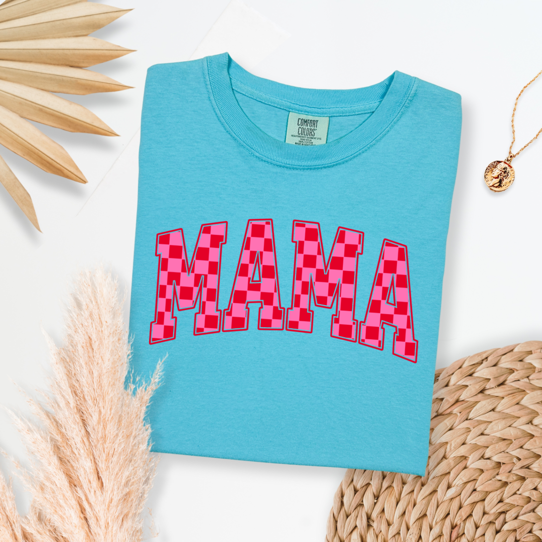 Mama Pink & Red Checkered Graphic Tee