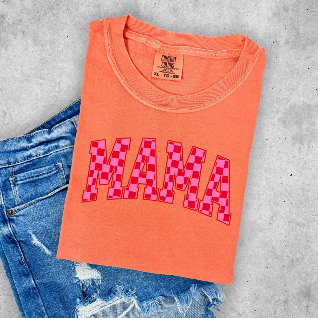 Mama Pink & Red Checkered Graphic Tee