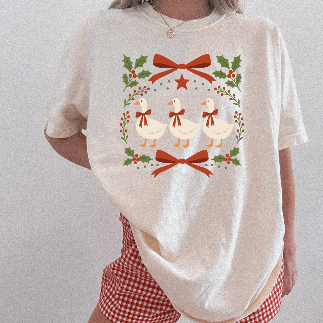 Red Bow Porch Geese Graphic Tee and Crewneck