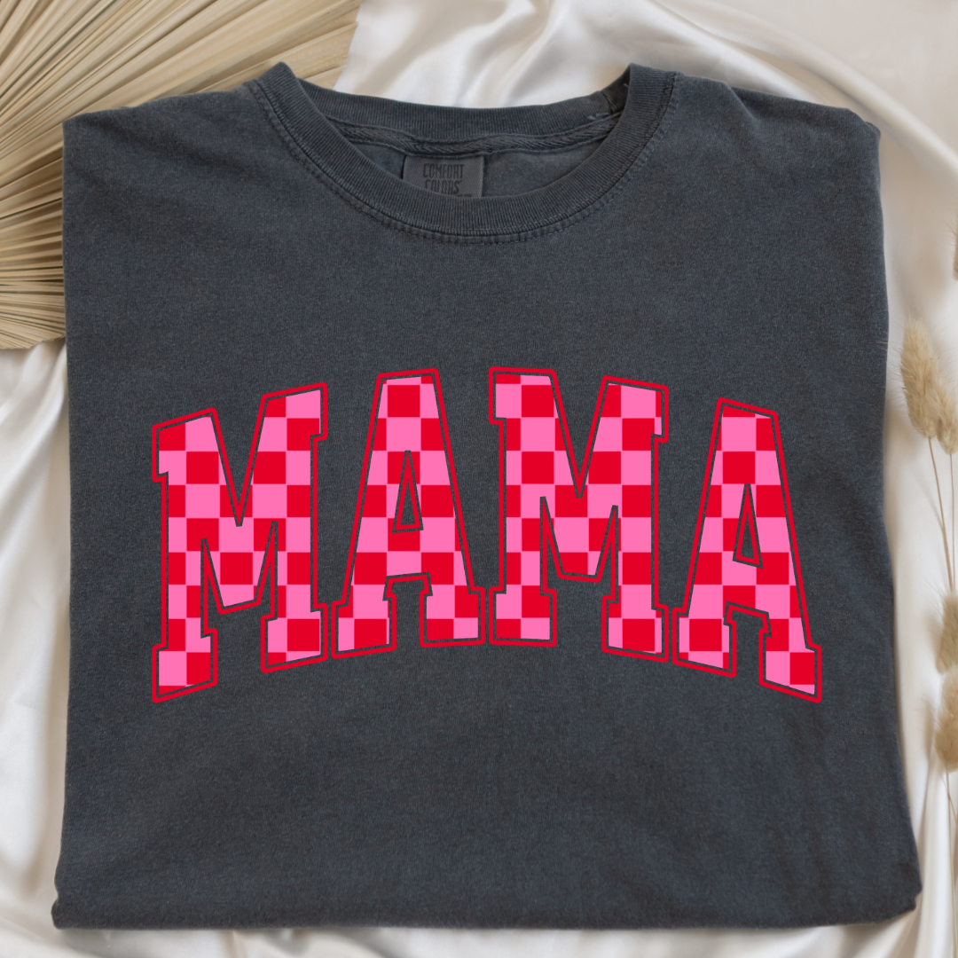 Mama Pink & Red Checkered Graphic Tee