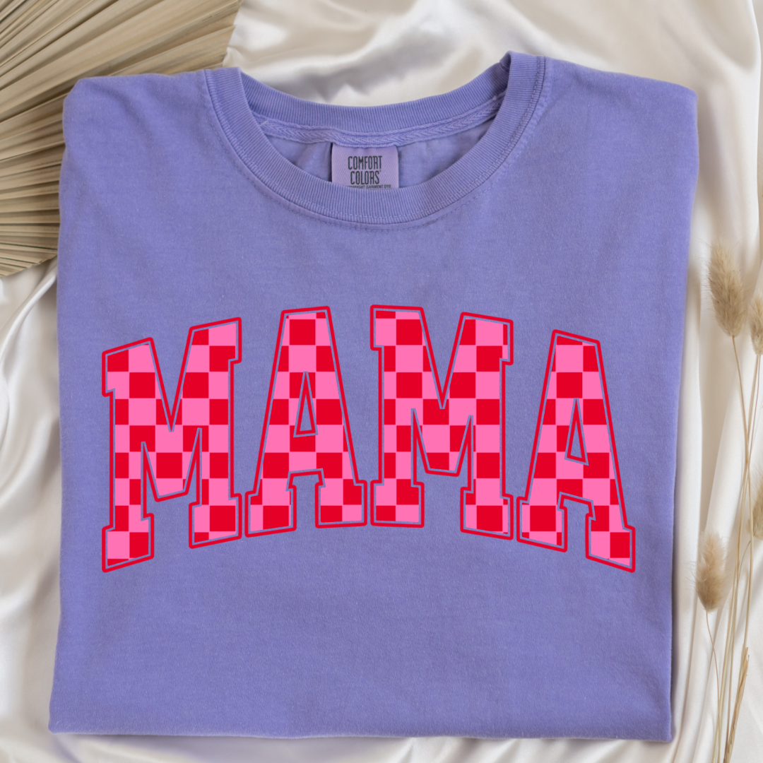 Mama Pink & Red Checkered Graphic Tee