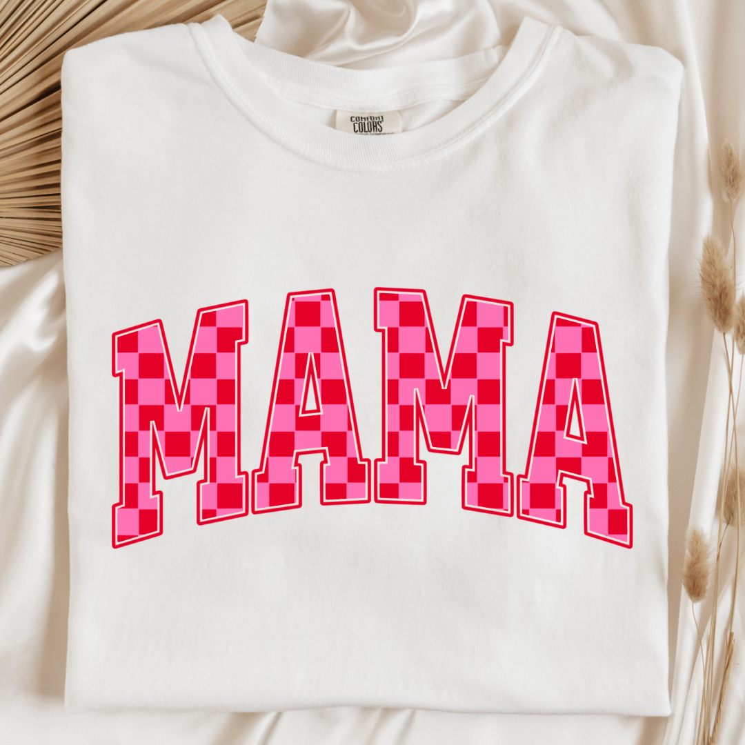 Mama Pink & Red Checkered Graphic Tee