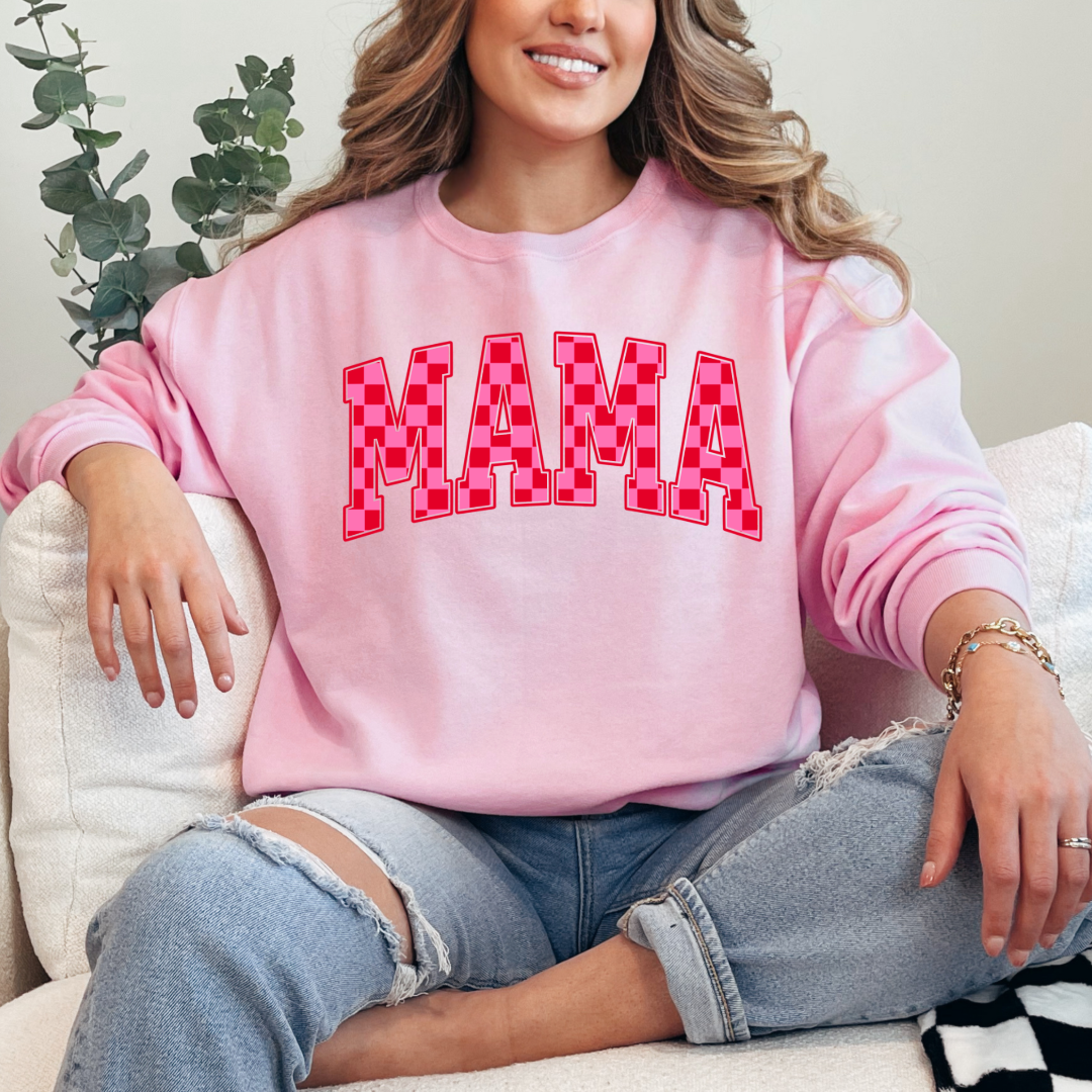 Mama Pink & Red Checkered Crewneck & Hoodie