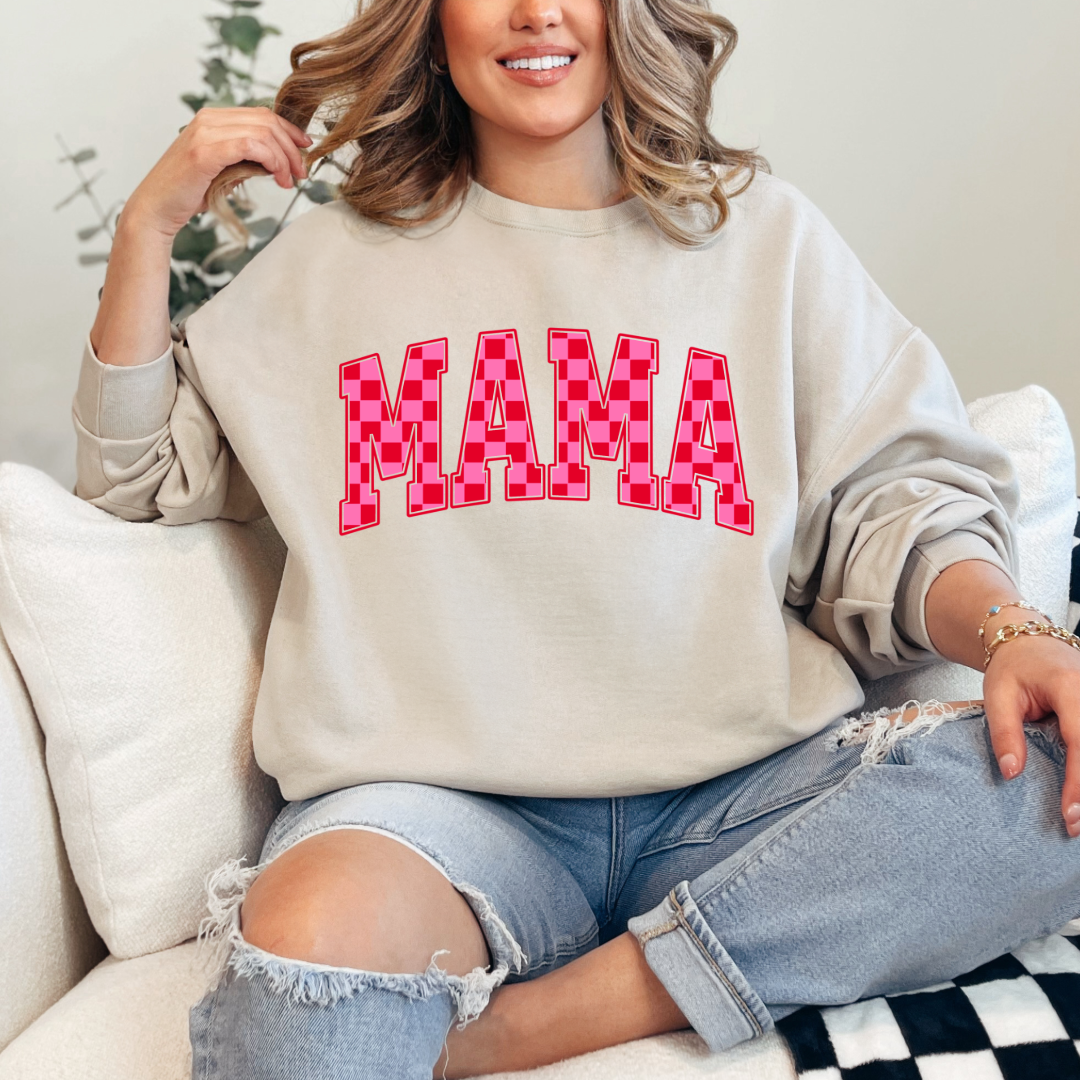 Mama Pink & Red Checkered Crewneck & Hoodie