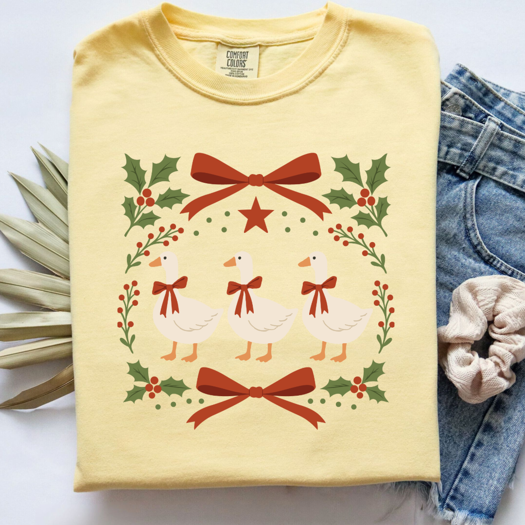 Red Bow Porch Geese Graphic Tee and Crewneck
