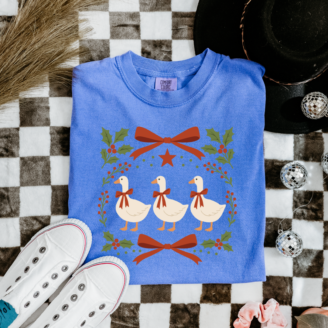 Red Bow Porch Geese Graphic Tee and Crewneck