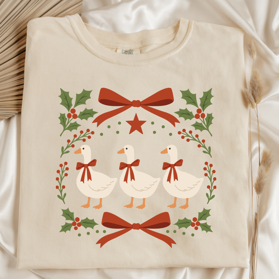 Red Bow Porch Geese Graphic Tee and Crewneck