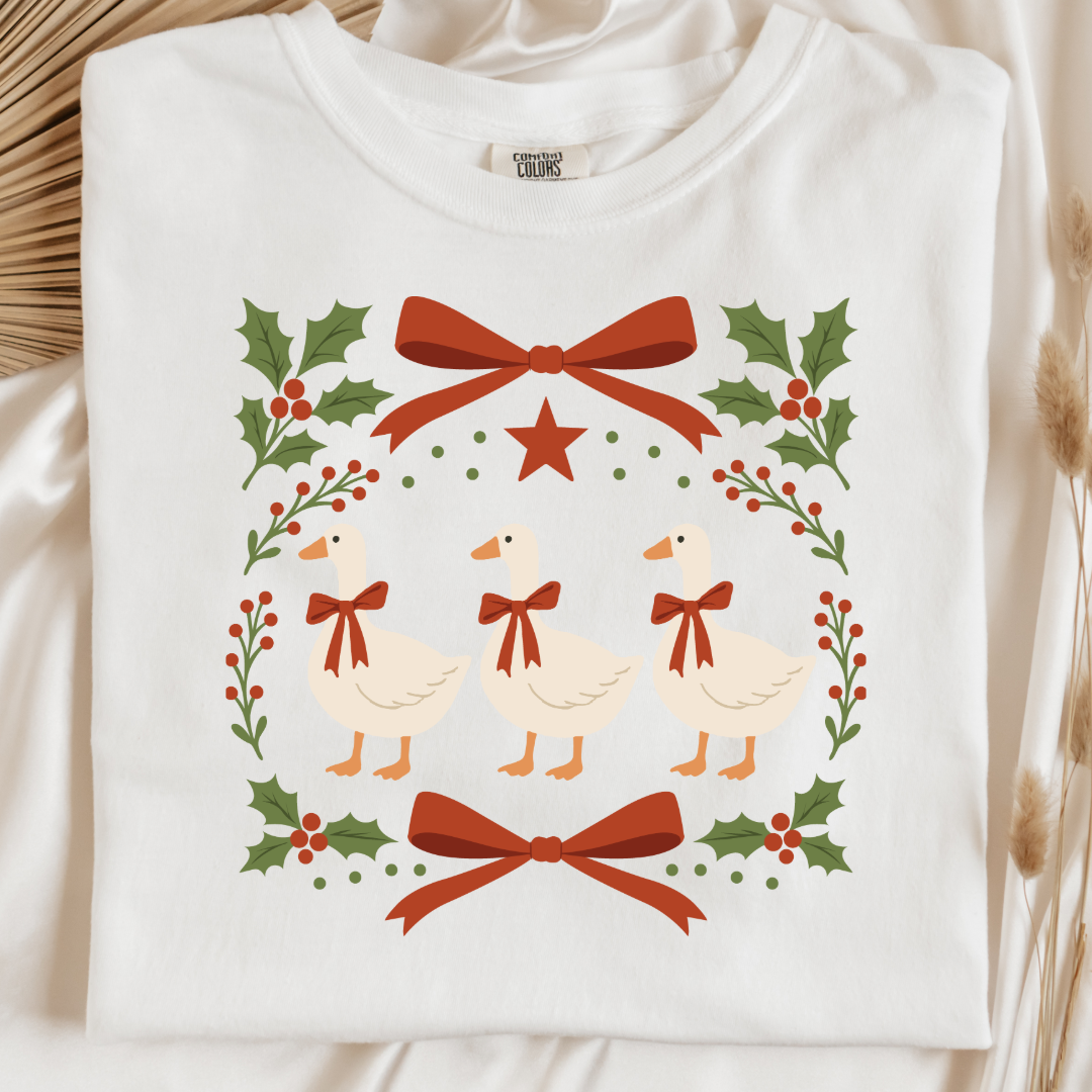 Red Bow Porch Geese Graphic Tee and Crewneck