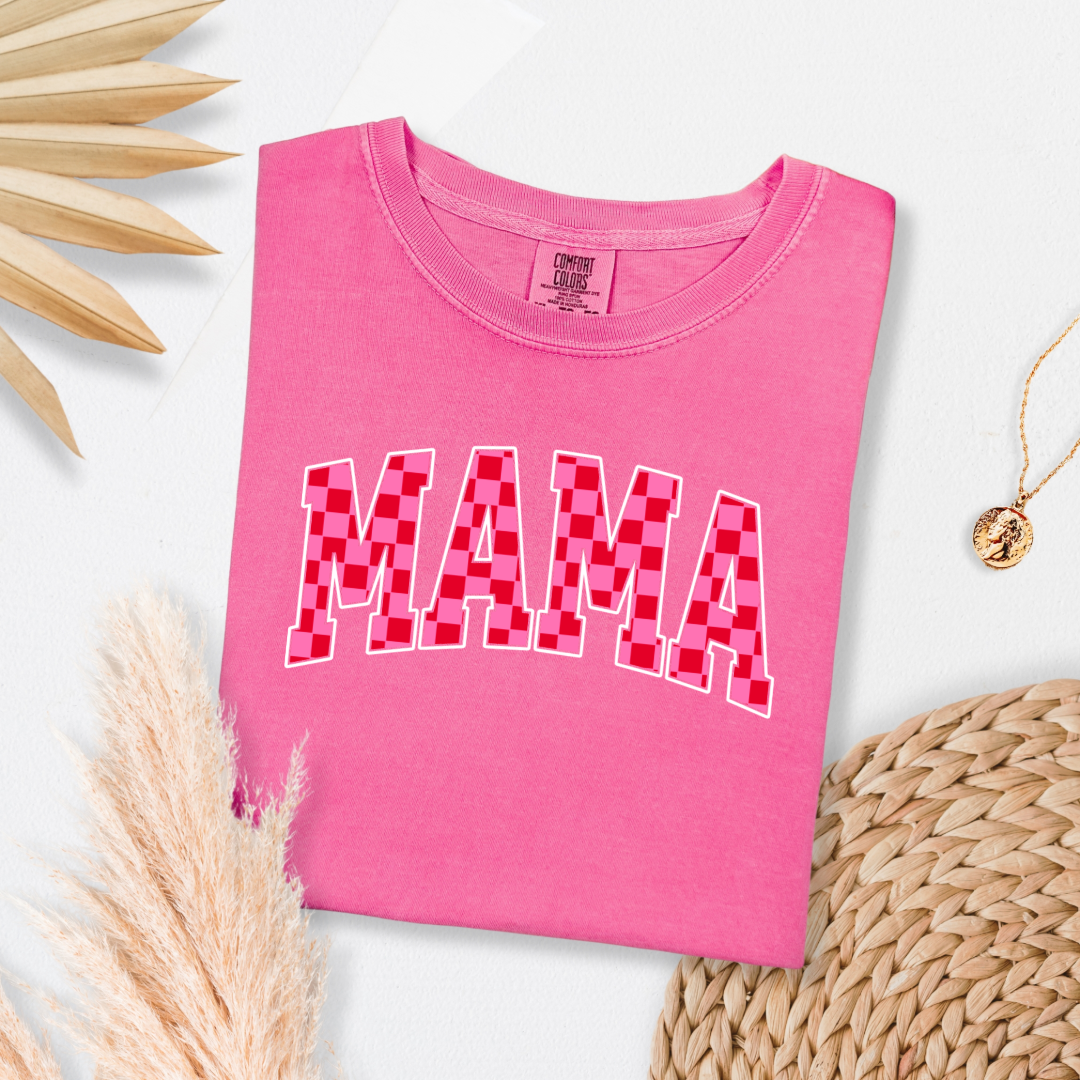 Mama Pink & Red Checkered Graphic Tee