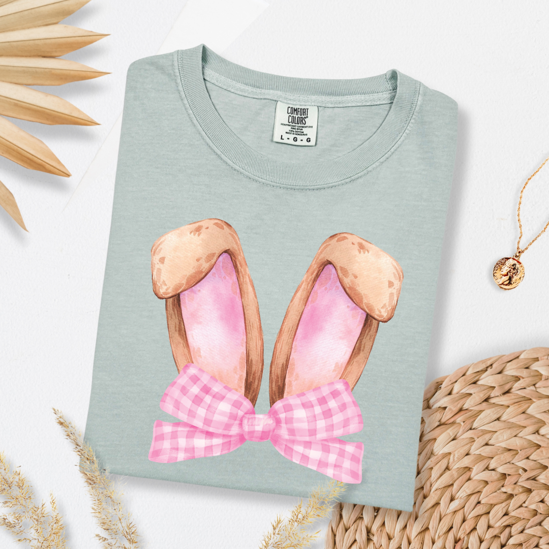 Customized bunny ears silhouette with pink gingham bow watercolor adult Bay green comfort color tee matching youth available 