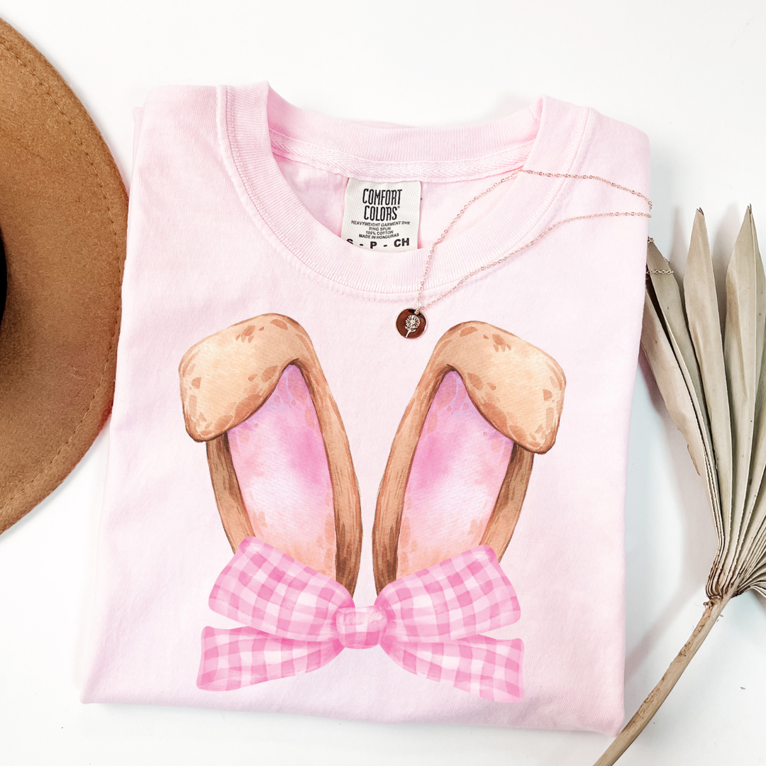 Customized bunny ears silhouette with pink gingham bow watercolor adult blossom pink comfort color tee matching youth available 