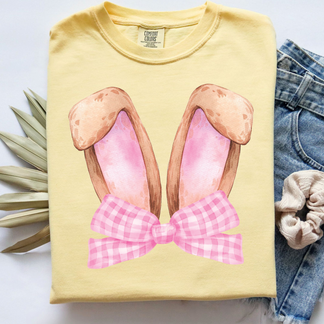 Customized bunny ears silhouette with pink gingham bow watercolor adult butter yellow comfort color tee matching youth available 