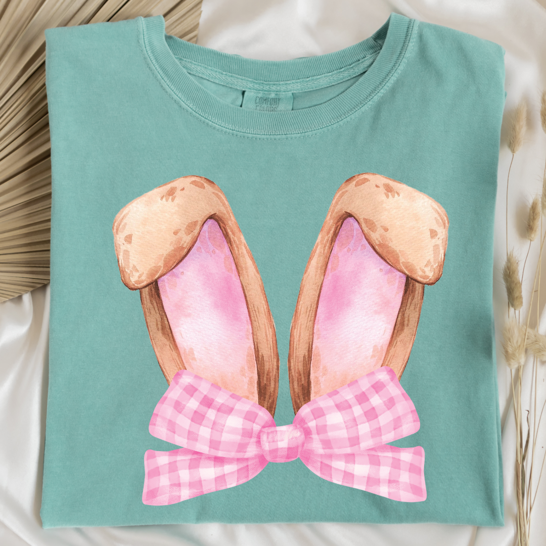 Customized bunny ears silhouette with pink gingham bow watercolor adult chalky mint comfort color tee matching youth available 