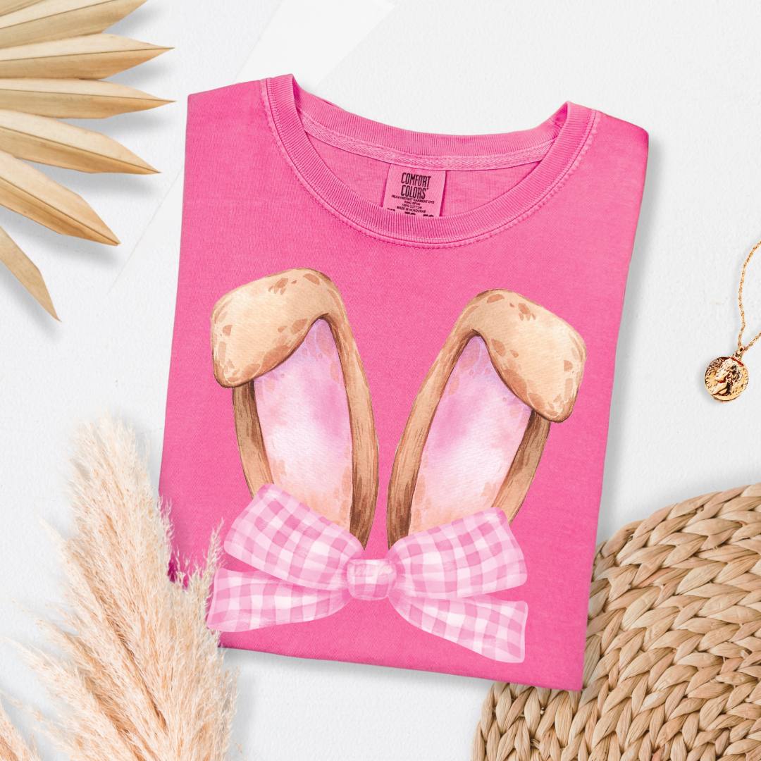 Customized bunny ears silhouette with pink gingham bow watercolor adult Crunchberry pink comfort color tee matching youth available 