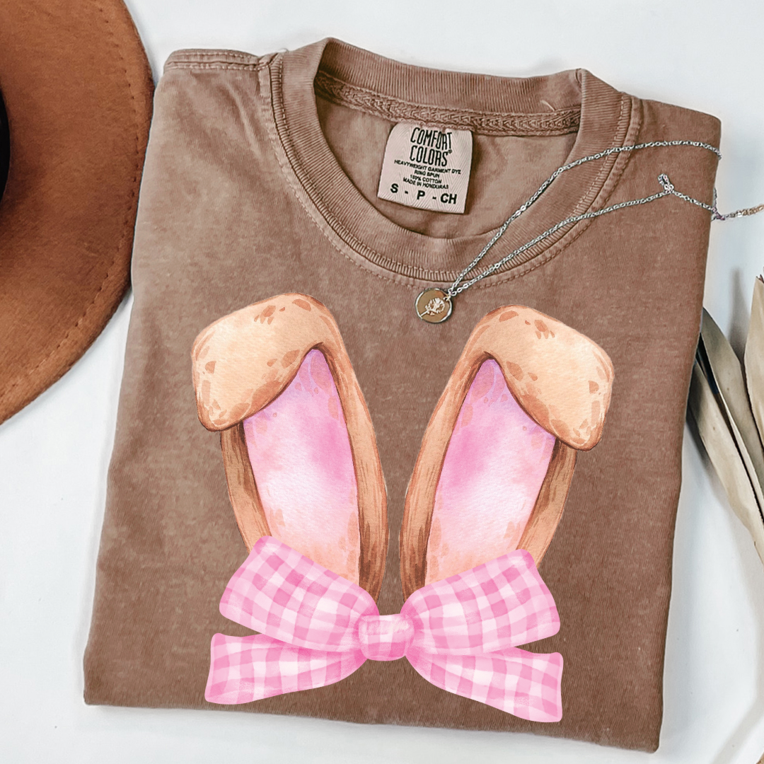 Customized bunny ears silhouette with pink gingham bow watercolor adult espresso brown comfort color tee matching youth available 