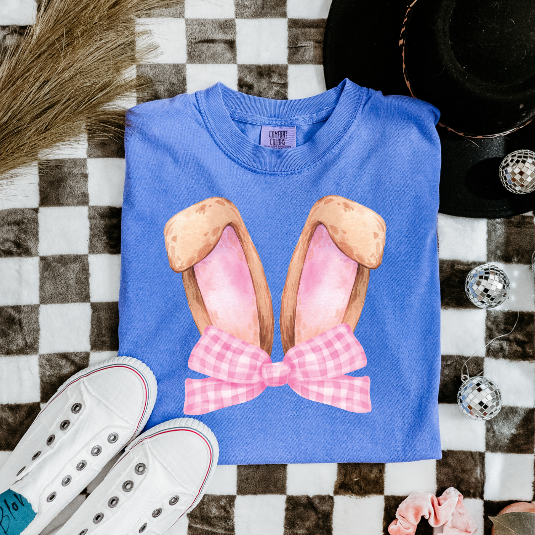 Customized bunny ears silhouette with pink gingham bow watercolor adult/youth flo blue comfort color tee matching youth available 